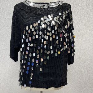 Oleg Cassini Vintage Womens Medium M Silk Beaded Sequin Top Black Tie Formal